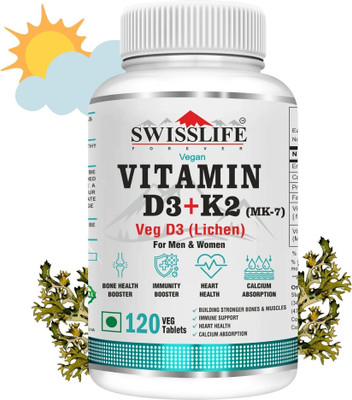 SWISSLIFE FOREVER Vitamin D3 + K2 (MK7) Veg Tablets ,Plant Based Vitamin D3 Lichen Source .(120 Tablets)