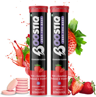 boostiq L - Glutathione Effervescent Tablets For Skin Glow, 500mg - Strawberry(2 x 15 Tablets)