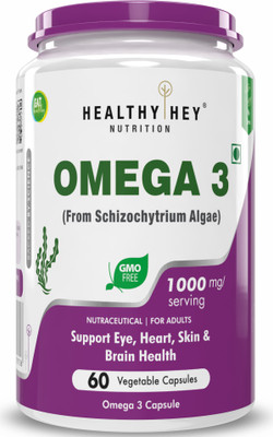 HealthyHey Nutrition Natural Omega 3 - Plant-Based - Support Heart, Brain & Joint - 60 Veg Capsules(1000 mg)
