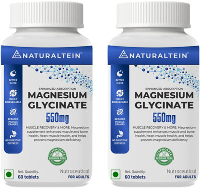 NATURALTEIN Magnesium Glycinate 550mg|Sleep, Brain, Muscle & Heart Support Gentle on Stomach(2 x 60 Tablets)