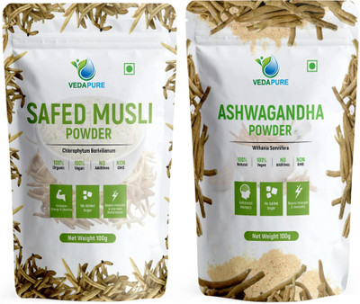 Vedapure Safed Musli Root Powder & Ashwagandha | Strength, Stamina & Stress Relief(2 x 100 g)