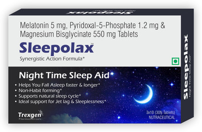 Trexgen SLEEPOLAX Night Time Sleep Aid, Jet Lag Melatonin, Mag. bisglycinate & B6(30Tab)(30 Tablets)