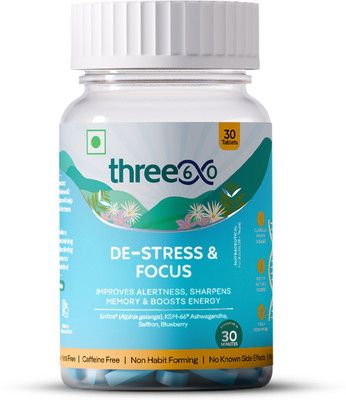 three60 DE-STRESS & FOCUS Tablets | Boosts Focus and Sharpens Memory | 30 Tablets(30 Tablets)