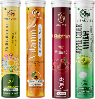 VITAL VIBE Effervescent All in 4 Combo of ACV, L-Glutathione, Vitamin C & Multivitamin(4 x 15 Tablets)