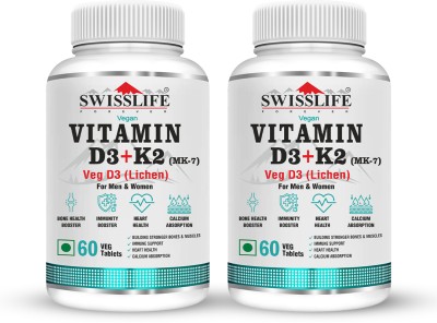 SWISSLIFE FOREVER Vitamin D3 + K2 (MK7) Veg Tablets ,Plant Based Vitamin D3 Lichen Source(2 x 60 Tablets)