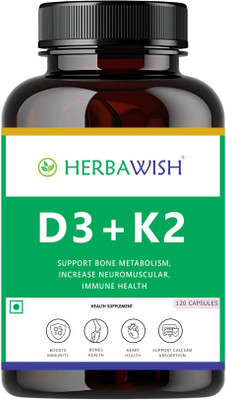HERBAWISH D3 + K2 | D3K2 | Vitamin D3 & Vitamin K2 | IMMUNITY, BONE Strength, HEART Health(120 Capsules)