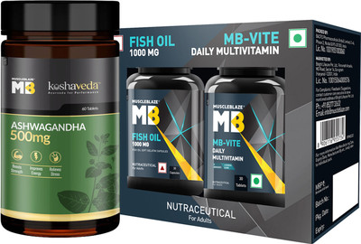 MUSCLEBLAZE Ashwagandha, 60 Tablets, MB-Vite Daily Multivitamin & Fish Oil(3 x 40 Tablets)
