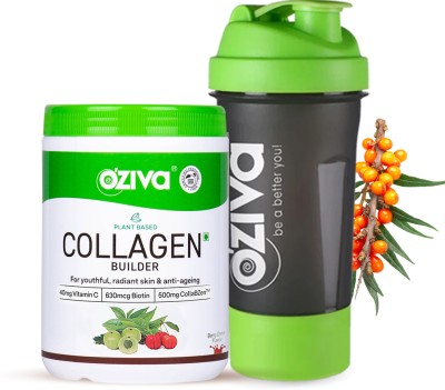 OZiva Plant Based Collagen Builder for Men-Women,Biotin,Vitamin C,Berry Orange+ Sipper(2 x 250 g)