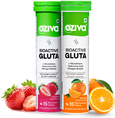OZiva Bioactive Gluta Fizzy (Strawberry & Orange)To Reduce Pigmentation,5 Antioxidants(2 x 15 Tablets)