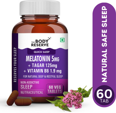 THE BODY RESERVE Melatonin Tablets 5 mg & Tagar for Natural Deep Sleep, Muscle & Nerve Relaxation(60 Tablets)