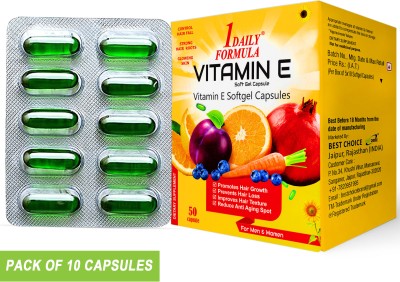 1DAILYFORMULA Vitamin E (Pack of 10 Capsules) Face Hair Pimple Glowing Skin & hair care(10 Capsules)