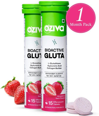 OZiva Bioactive Gluta Fizzy (Strawberry Swirl) To Reduce Pigmentation, 5 Antioxidants(2 x 15 Tablets)