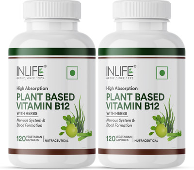 INLIFE Plant Based B12 Supplements - Boost Energy, Nervous System Support Veg Capsules(2 x 120 No)