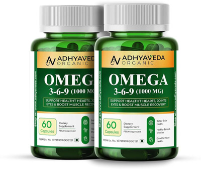Adhyaveda organic Omega 3-6-9 | Plant Based ALA EPA DHA for Heart & Joints | Pack of 2(2 x 60 Capsules)