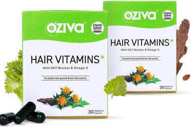 OZiva Hair Vitamins (DHT Blocker & Omega 3), Vegetarian Tablets for Hair Fall Control(2 x 30 Capsules)