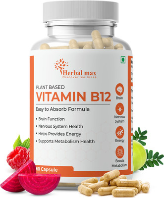 Herbal max Plant Based Vitamin B-12, 2.2mcg |Boost Energy Level, Supports Brain Function(60 Capsules)