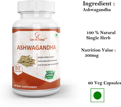 Care of Zindagi Ashwagandha Capsules For Reduce Stress, Boost Power & Anxiety - 60 Caps(60 Capsules)