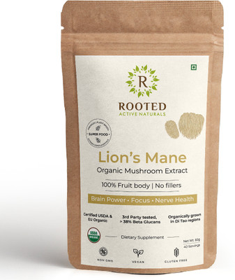 ROOTED Lions Mane mushroom Extract Powder (60 gm) | Memory, Brain & Nerve Health(60 g)