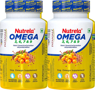 PATANJALI Omega 3 6 7 9 -For Heart Skin Eye & Brain- Organic Capsules Pack of 2(2 x 60 Capsules)