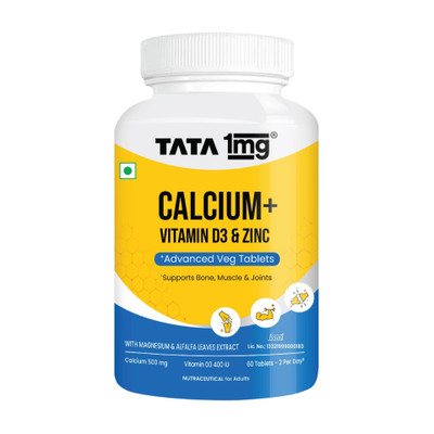 TATA 1mg Calcium & Vitamin D3 supplement with Zinc, Magnesium & Alfalfa(60 Tablets)