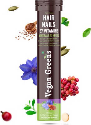 Vegan Greens Hair & Nails 37 Vitamins + DHT Blocker Biotin Zinc 25 Effervescent Tablet Orange(25 Tablets)
