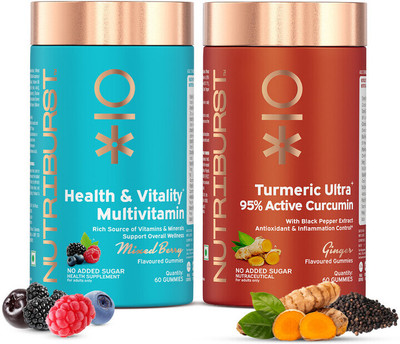 Nutriburst Health & Vitality and Turmeric Ultra Gummies with Curcumin for Joint Health(2 x 60 No)
