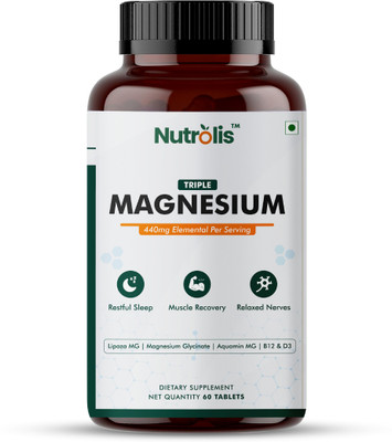Nutrolis Triple Magnesium 440mg | With D3 & B12 | Supports Sleep & Muscle Recovery(60 Tablets)