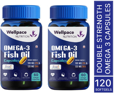 Wellpace Omega-3 Fish Oil 1000mg | EPA 180mg & DHA 120mg for Brain, Heart & Eye Health(2 x 60 Capsules)