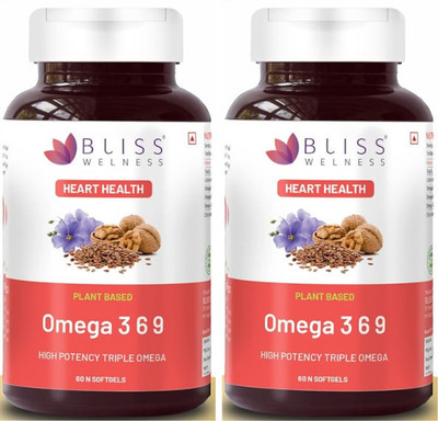 Bliss Welness Cardio Pure Omega 3 6 9 2000MG ALA LA OA Heart Brain Eye Immunity Supplement(2 x 60 Capsules)