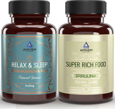 AMIHEM Combo: Spirulina & Ashwagandha Capsules with Vitamin E & Vitamin B6(2 x 15127.5 mg)