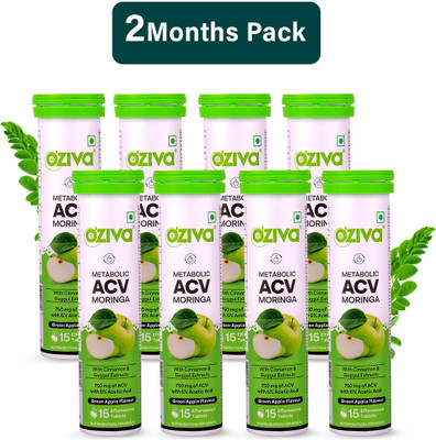 OZiva ACV Moringa (Green Apple)To Control Cravings, Apple Cider Vinegar,No Added Sugar(8 x 15 Tablets)