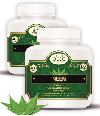 biotic Neem Capsules - Azadirachta indica - Neem Extract 400mg Veg Capsules(2 x 60 Capsules)