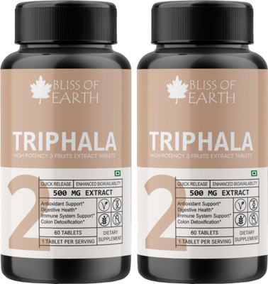 Bliss of Earth Triphala Tablets 500mg With Quick Release for Digestive Health & Constipation(2 x 60 Tablets)