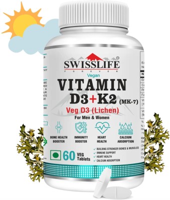 SWISSLIFE FOREVER Vitamin D3 + K2 (MK7) Veg Tablets ,Plant Based Vitamin D3 Lichen Source .(60 Tablets)