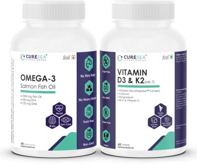 CURESEA LIFESCIENCES Omega 3 Salmon Fish Oil 1000mg and Vitamin D3 (Vitashine Lichen) & K2 MK-7(2 x 60 No)