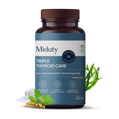 Miduty Triple Thyroid Care - Hypothyroidisim - Zinc - KSM 66 Ashwagandha -Selenium(60 Capsules)