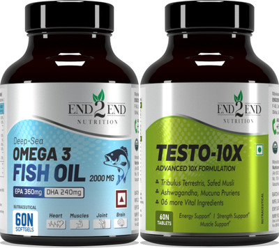 End2End Nutrition Testo 10X Natural Testosterone Booster Supplement and Omega 3 Fish Oil(2 x 60 No)