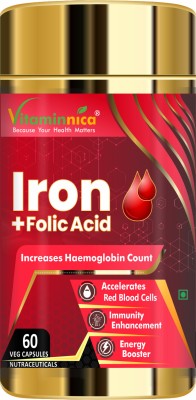 Vitaminnica Iron + Folic Acid Supplement, Vitamin C & Vitamin B12, Support Hemoglobin Level(60 Capsules)