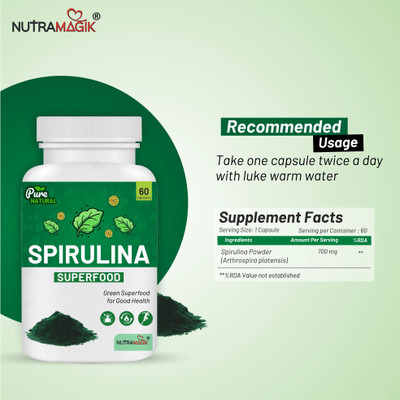 nutramagik Spirulina Extract Capsules | Packed with protein,vitamins and antioxidants(60 Capsules)