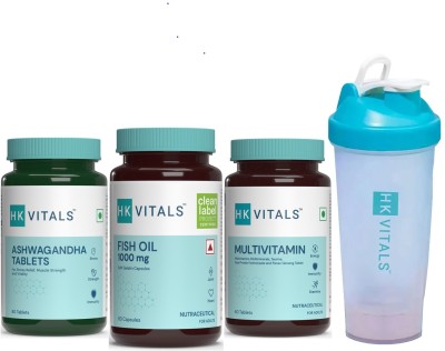 HEALTHKART HK Vitals Multivitamin, 60 N, Fish Oil 1000mg, Ashwagandha 500mg & 650 ml Shaker(3 x 60 Capsules)