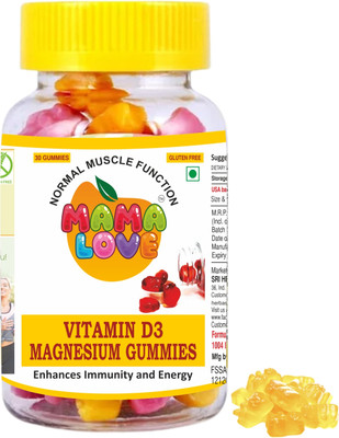 Mamalove Vitamin D3 or Magnesium Gummies for Normal Muscle Function Gummies (Pack of 1)(30 No)