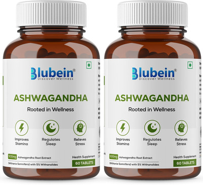 Blubein Ashwagandha | Natural stress reliever ,60 Tablets x Pack of 2(2 x 60 Tablets)
