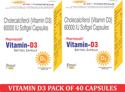 PHARMAZAIN LIFE SCIENCES Vitamin D3 Softgel Capsule for Bone Joint Mental Health & Heart for Men & Women(2 x 20 Capsules)