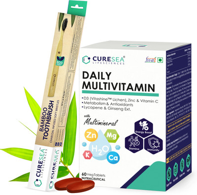 CURESEA LIFESCIENCES Vegan Daily Multivitamin with All essential Minerals + Bamboo Toothbrush(60 Tablets)