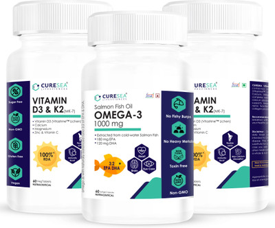 CURESEA LIFESCIENCES Vitamin D3+K2 MK-7 (120 Tablets) + Omega 3 Salmon Fish Oil 1000mg (60 Softgels)(3 x 60 No)