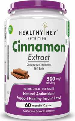 HealthyHey Cinnamon Extract 10:1 Ratio - Support Healthy Glucose Levels - 60 Veg. Capsules(500 mg)