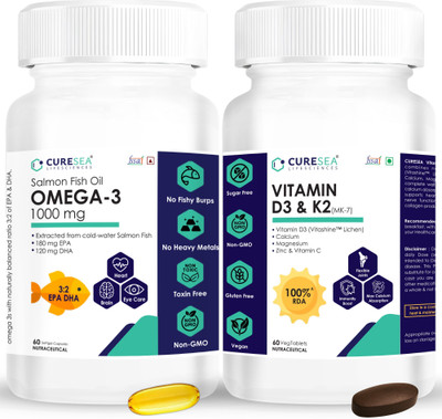 CURESEA LIFESCIENCES Omega 3 Salmon Fish Oil 1000mg and Vitamin D3 (Vitashine Lichen) & K2 MK-7(2 x 60 No)