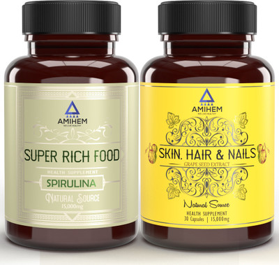 AMIHEM Combo: Spirulina & Grape Seed Extract Capsules(2 x 15000 mg)