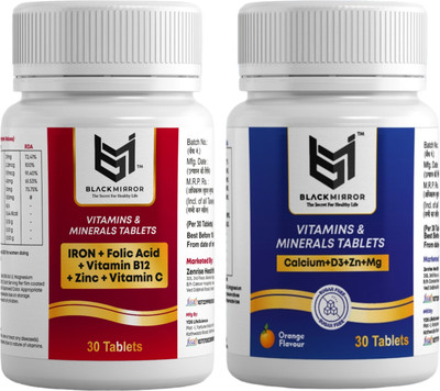Black mirror IRON, CALCIUM VIT B12 WITH D3 & C, FOLIC ACID, ZINC SUPPLIMENTS TABLETS(2 x 30 No)
