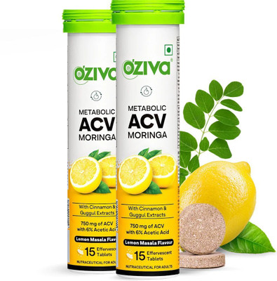 OZiva ACV Moringa (Lemon Masala)To Control Cravings,Apple Cider Vinegar,No Added Sugar(2 x 15 Tablets)